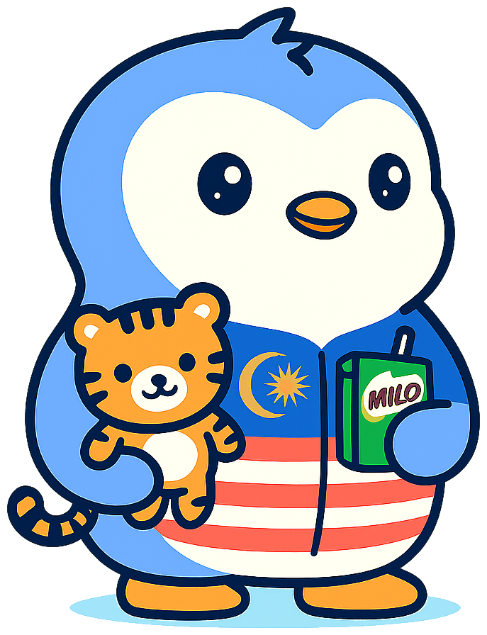 Greater Malaysia's mascot ~ a Pudgy penguin holding a tiger, wearing the Jalur Gemilang, with a Milo